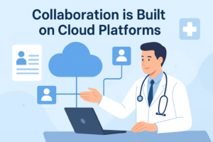 Doctor using a laptop connected to a cloud network representing how cloud platforms enhance healthcare collaboration.